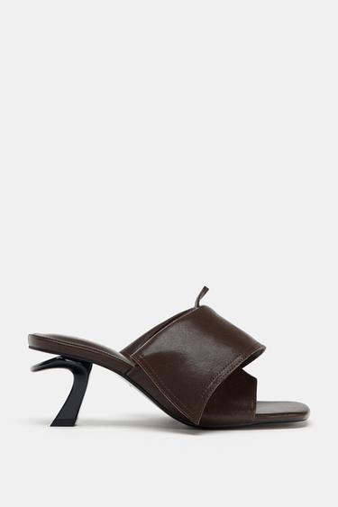 Zara LEATHER KITTEN HEEL SANDALS - Brown