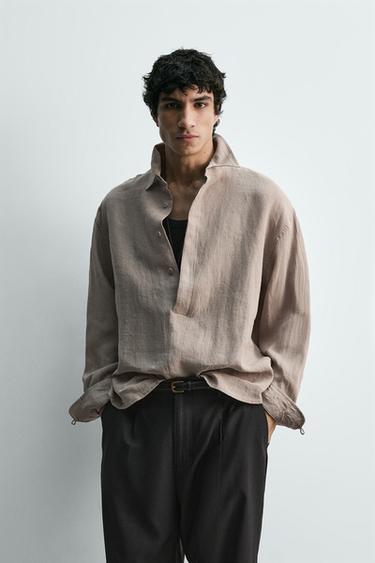 Zara 100% LINEN POLO SHIRT - Taupe gray