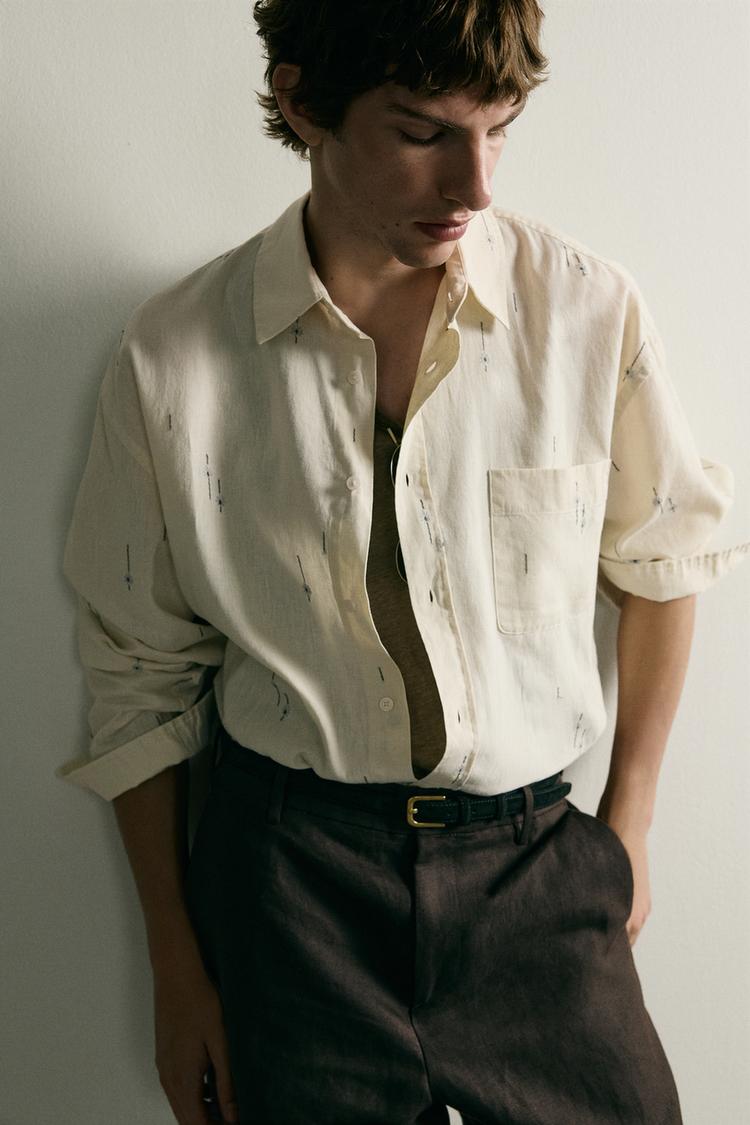 Camisa de algodón/lino de corte relajado con bordado 5