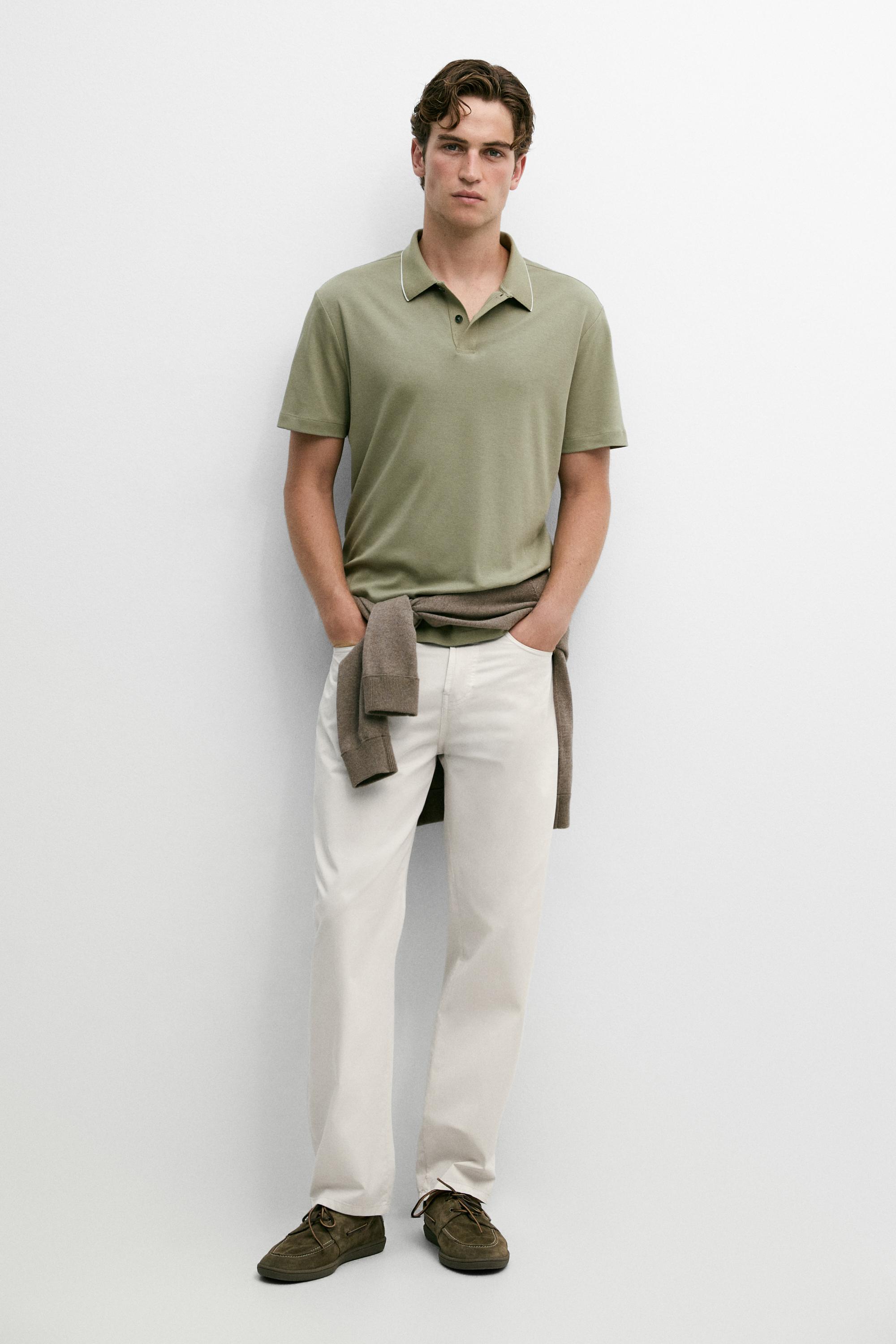 Short sleeve polo shirt with contrast detail — Khaki marl