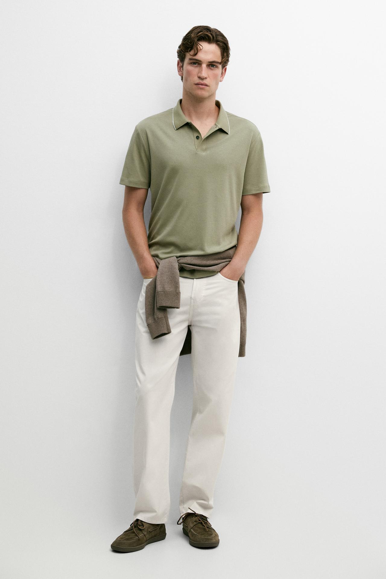 Short sleeve polo shirt with contrast detail — Khaki marl