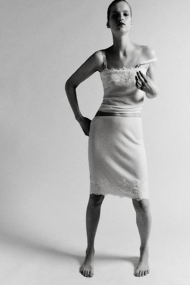 EMBROIDERED LACE KNIT MIDI SKIRT - Ecru by Zara