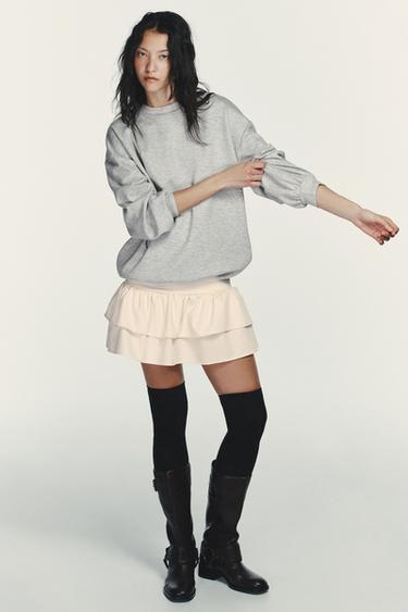 Zara 拼接荷葉邊短版洋裝 - 裸色 / 斑紋