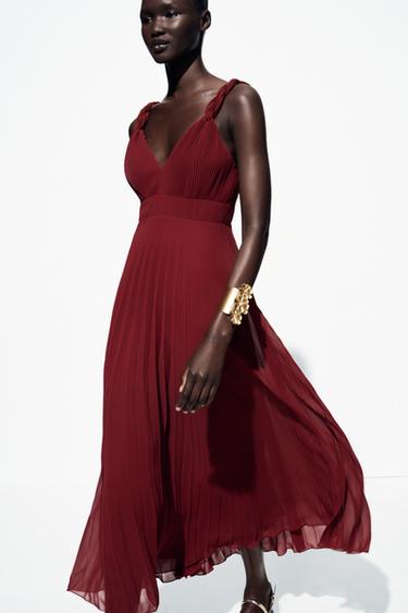 Zara PLEATED MIDI DRESS - Terracotta