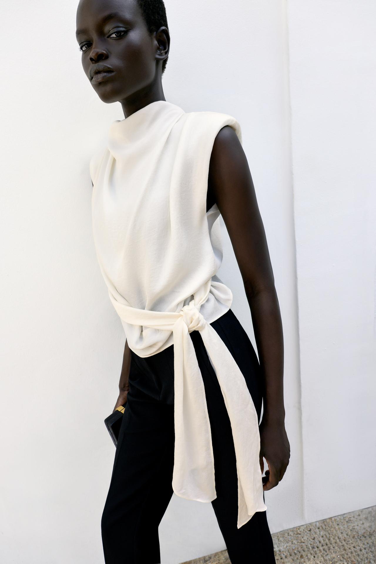 KNOTTED SATIN EFFECT SHOULDER PAD TOP — Ecru