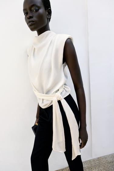 SATIN TOP WITH SHOULDER PADS AND KNOT - Ecru by Zara