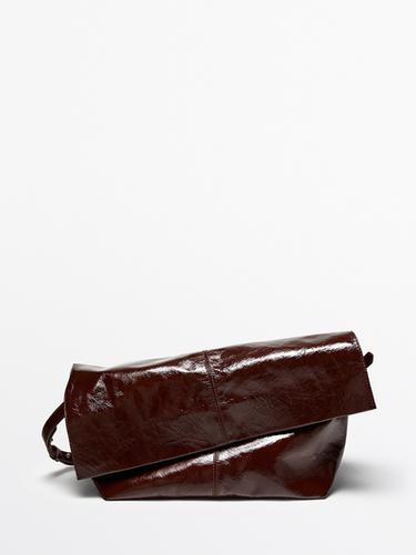 Zara Crackled nappa leather flap bag - Brown marl - Image 0