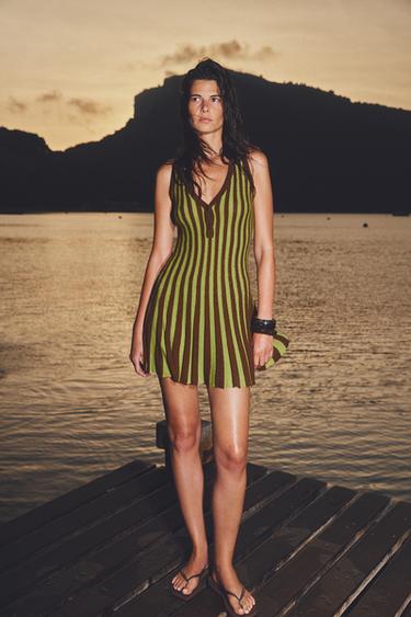 STRIPED CUTWORK DRESS - Brown / Green by Zara