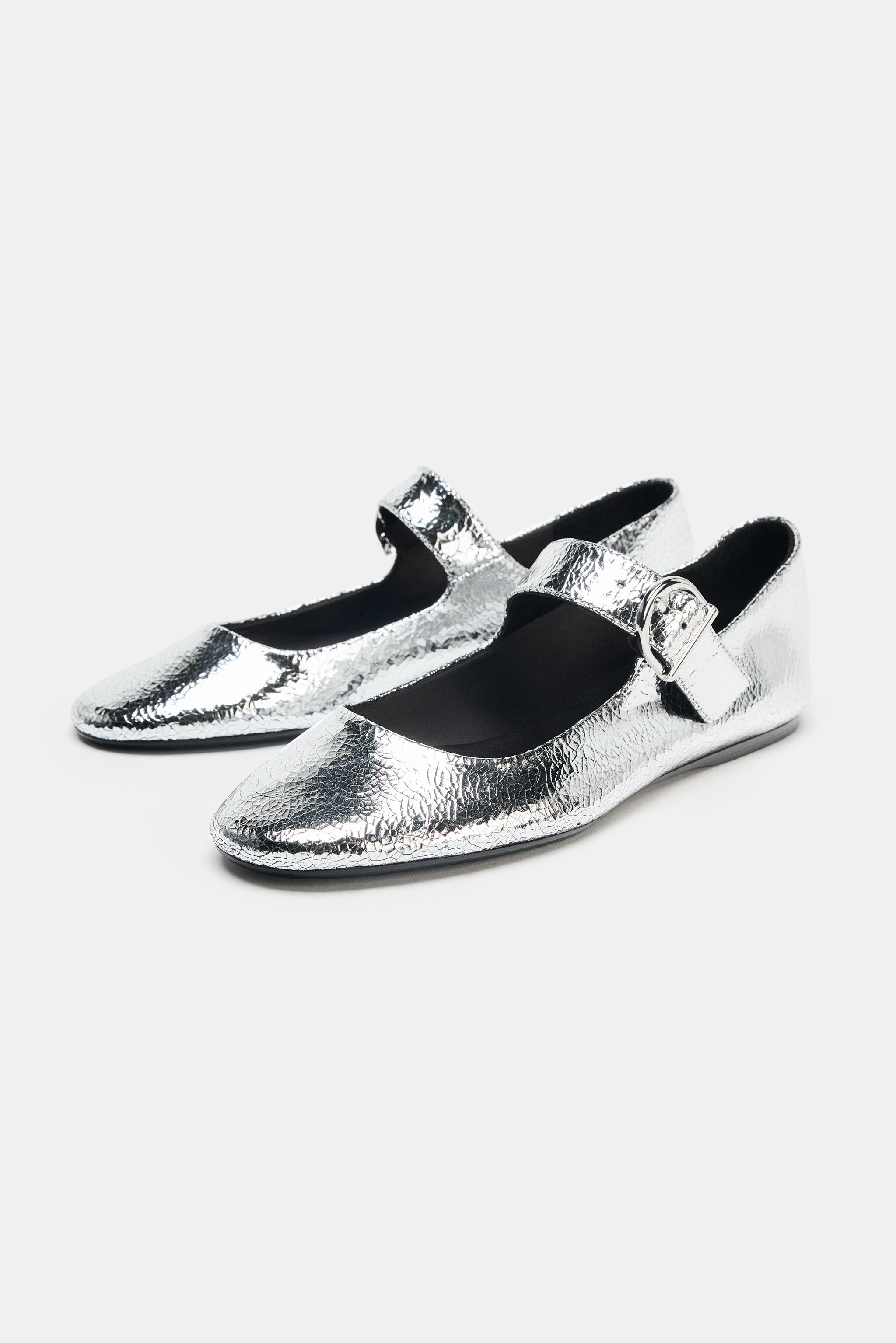 バレエシューズ メタリックレザー バレリーナシューズ - シルバー | ZARA Japan
