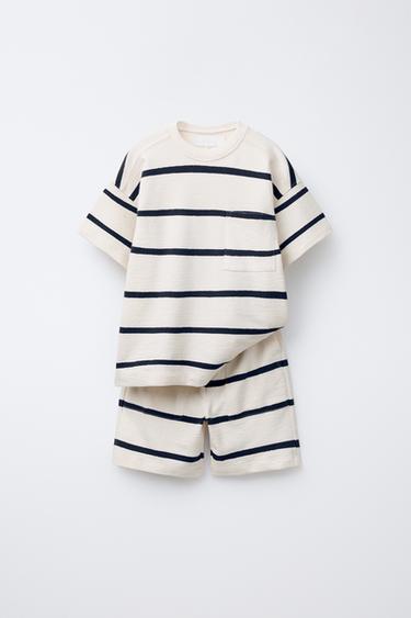 ENSEMBLE T-SHIRT ET BERMUDAS À RAYURES - Écru / Bleu marine de Zara