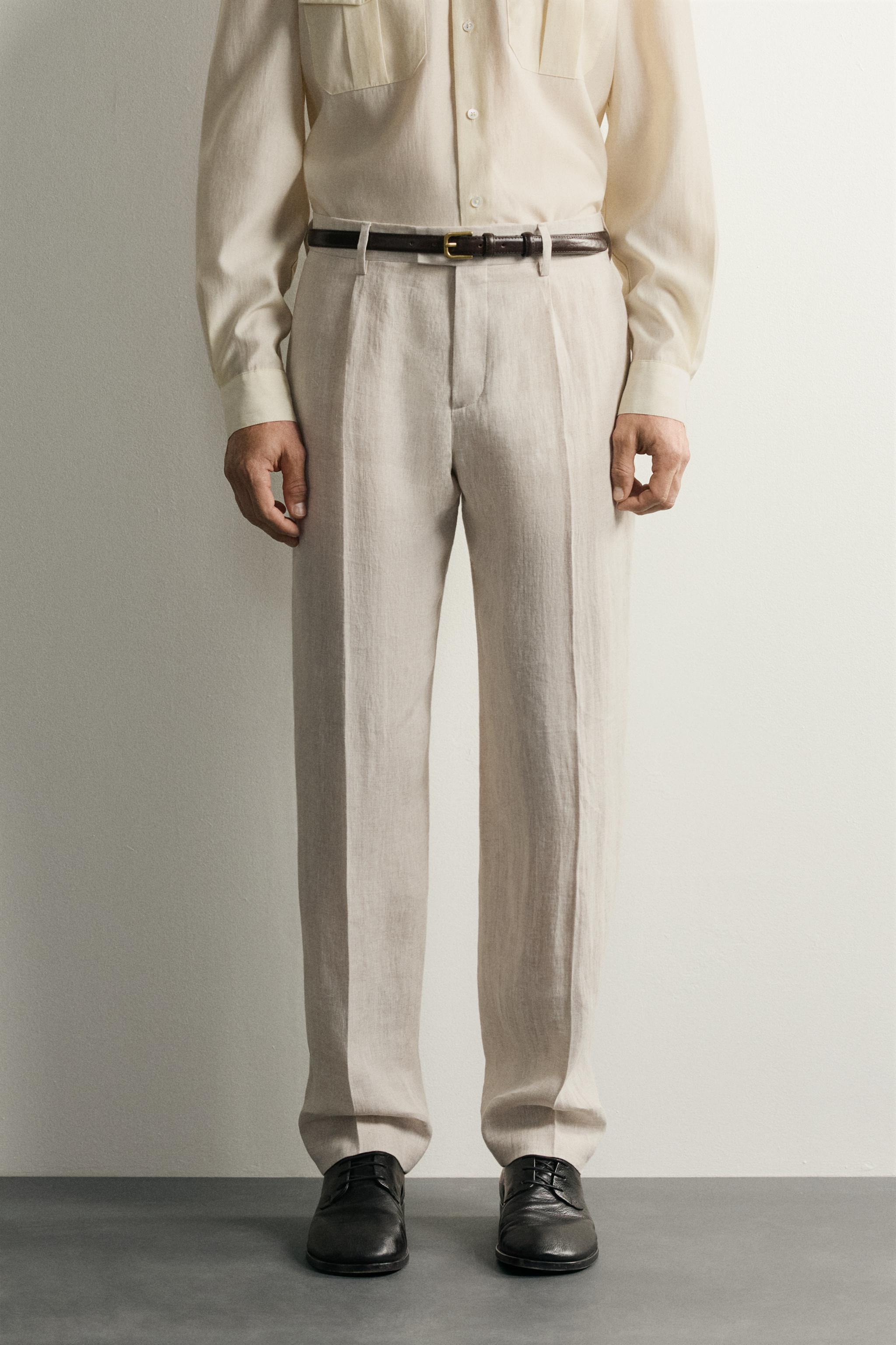 100% LINEN PLEATED SUIT PANTS — Sand