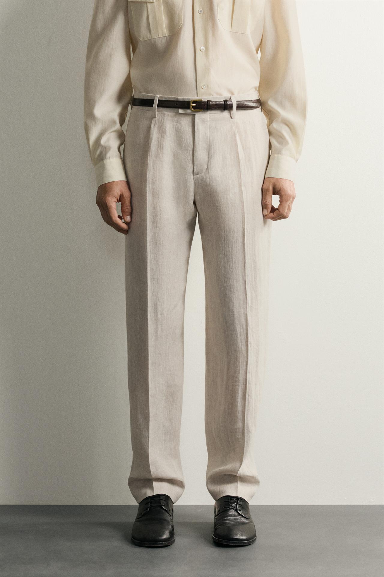 100% LINEN PLEATED SUIT PANTS — Sand