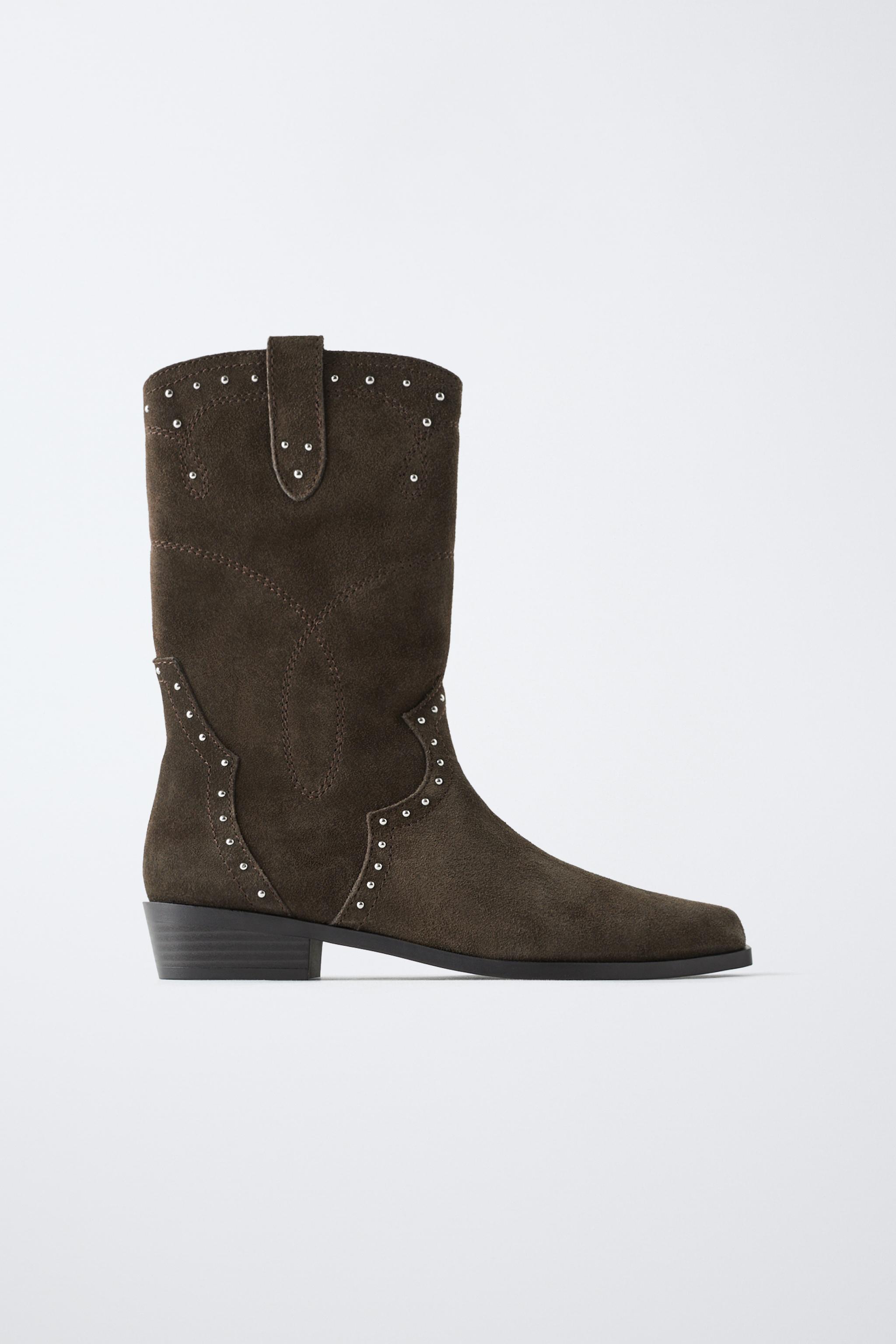 Z3D STUDDED SUEDE COWBOY BOOTS - Brown | ZARA United States
