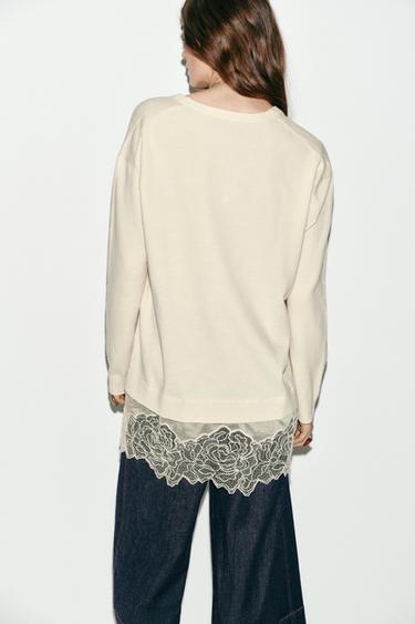 PULL LONG EN MAILLE BIMATIÈRE AVEC DENTELLE - Vanille de Zara - Image 4