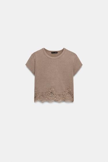 CROPPED LACE T-SHIRT — taupe brown 2