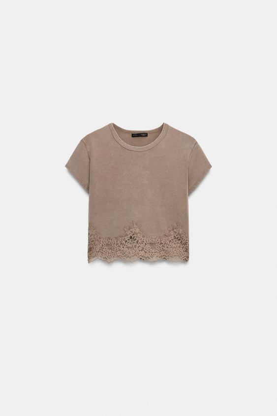 CROPPED LACE T-SHIRT - camel by Zara - Image 0