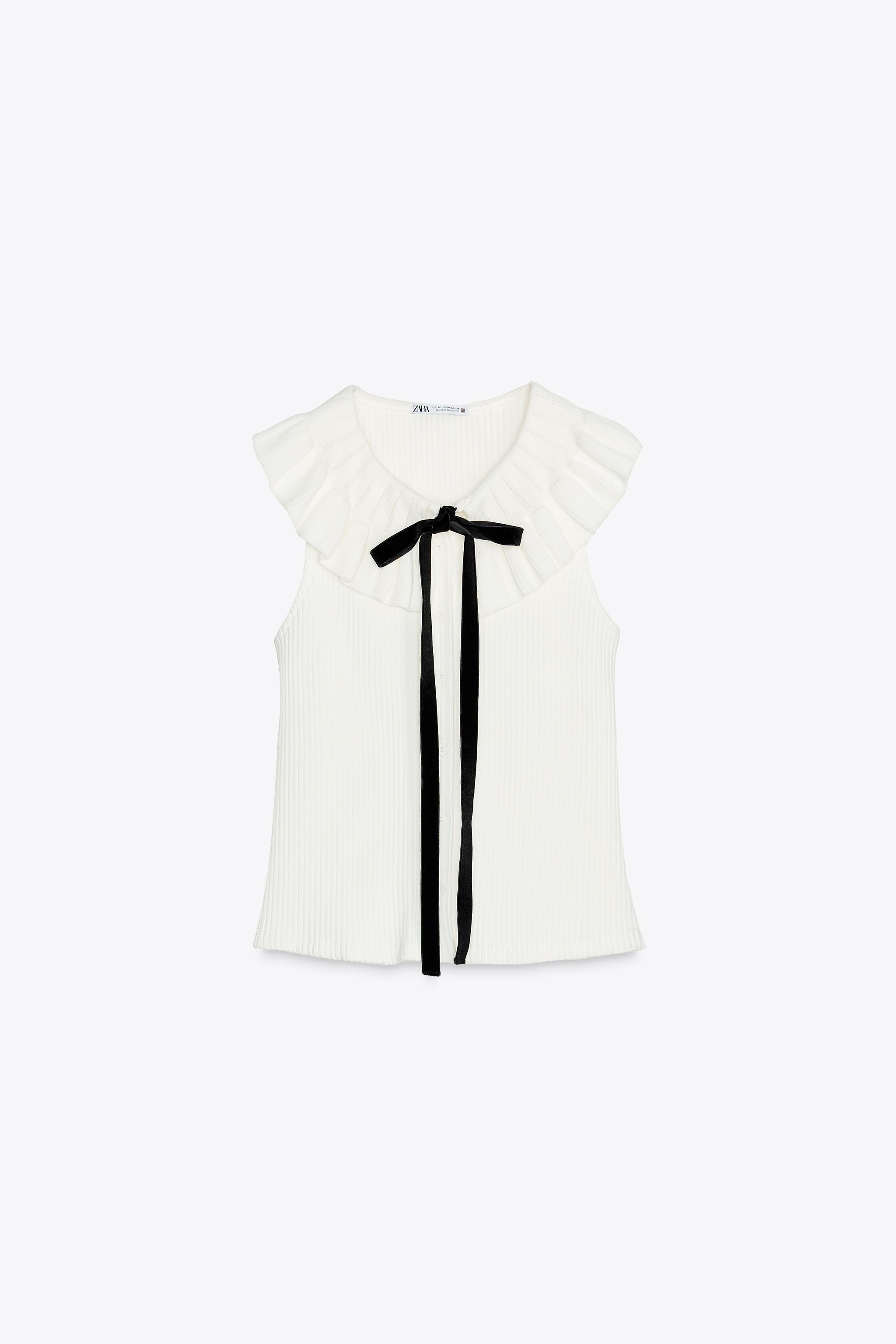 【ZARA】リボン付きチャンキーニットピーターパンカラートップス リボン付きチャンキーニット ピーターパンカラートップス - オフ