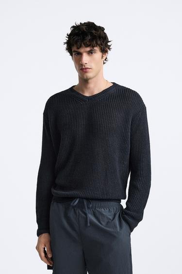 100% LINEN PURL KNIT SWEATER - Dark navy by Zara