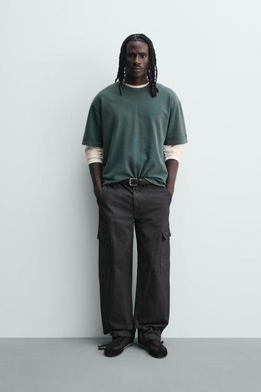 Zara 水洗細格紋理 T 恤 - 綠色