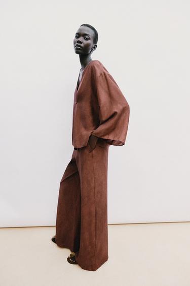 Zara FLOWY WIDE LEG PANTS - Dark russet