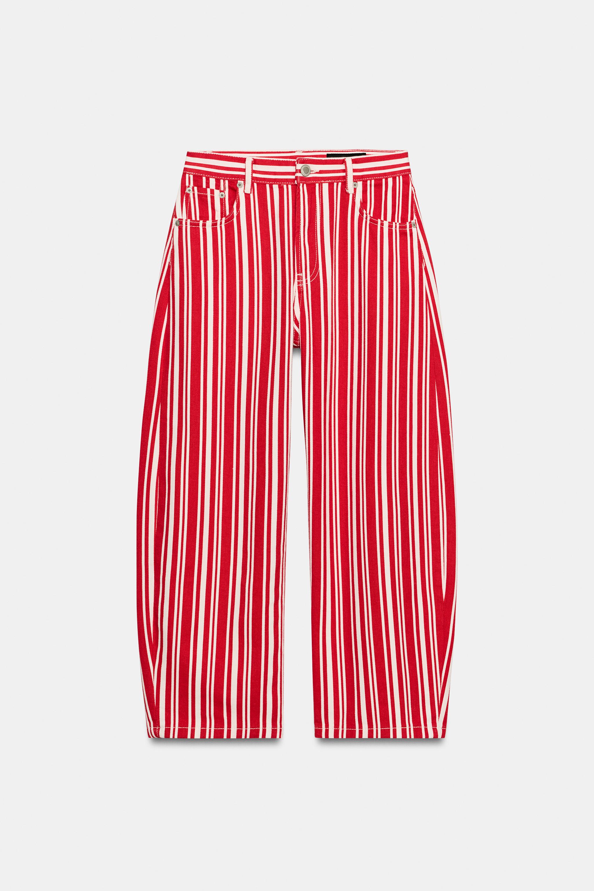 ZW COLLECTION MID-WAIST STRIPED BALLOON CAPRI JEANS - White / Red