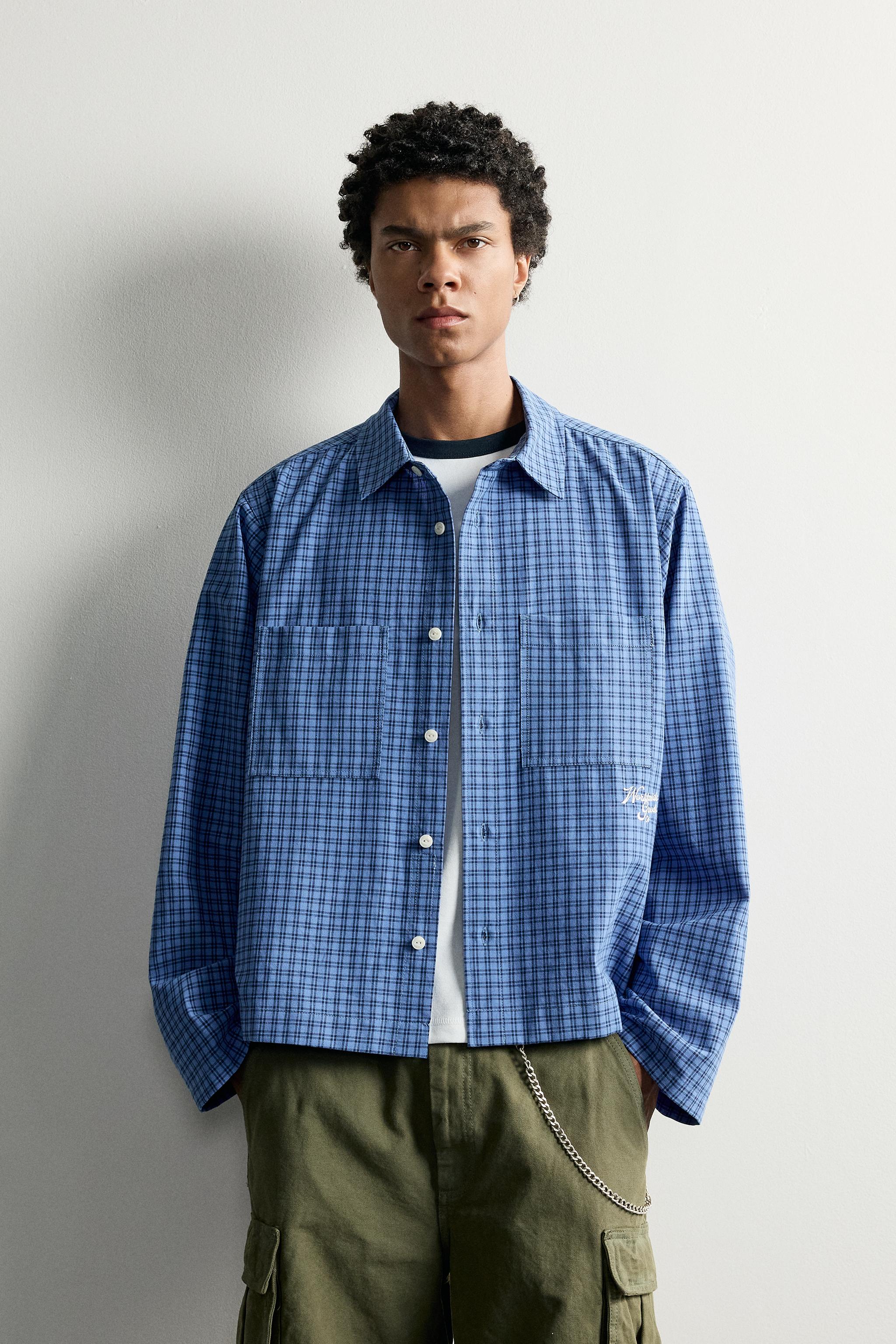 CONTRAST EMBROIDERED PLAID SHIRT — Blue