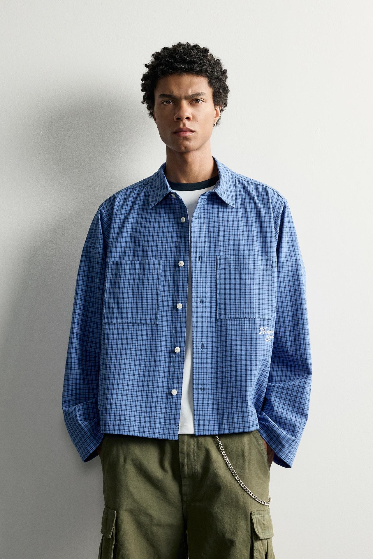 CONTRAST EMBROIDERY PLAID SHIRT — Blue