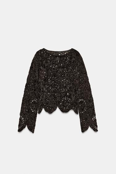 Zara CROCHET LONG SLEEVE TOP - Dark brown