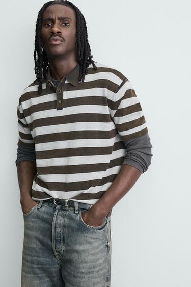 STRIPED JACQUARD KNIT POLO SHIRT - Brown by Zara - Image 5