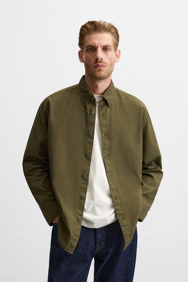 Zara TEXTURED WEAVE TWILL SHIRT - Khaki