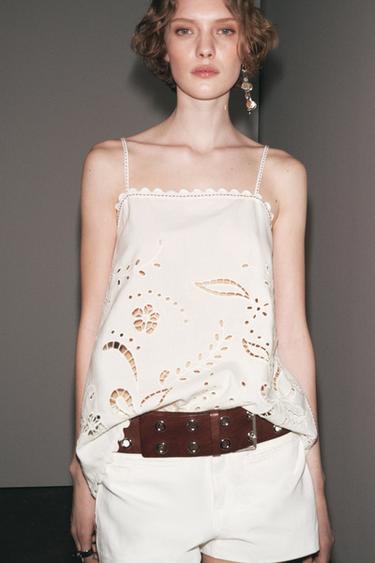 EMBROIDERED TOP WITH TOPSTITCHING ZW COLLECTION - Ecru by Zara - Image 4