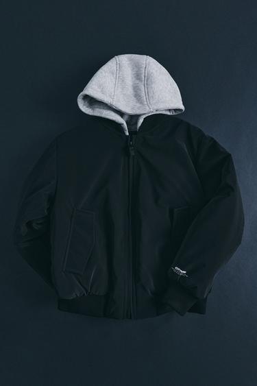 탈부착 플러시 후드 러버라이즈드 봄버 재킷 - Zara 블랙