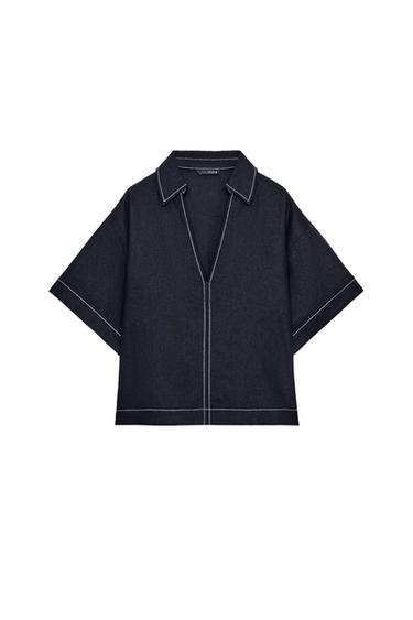 LINEN BLEND SHIRT WITH CONTRAST TOPSTITCHING - Navy blue by Zara