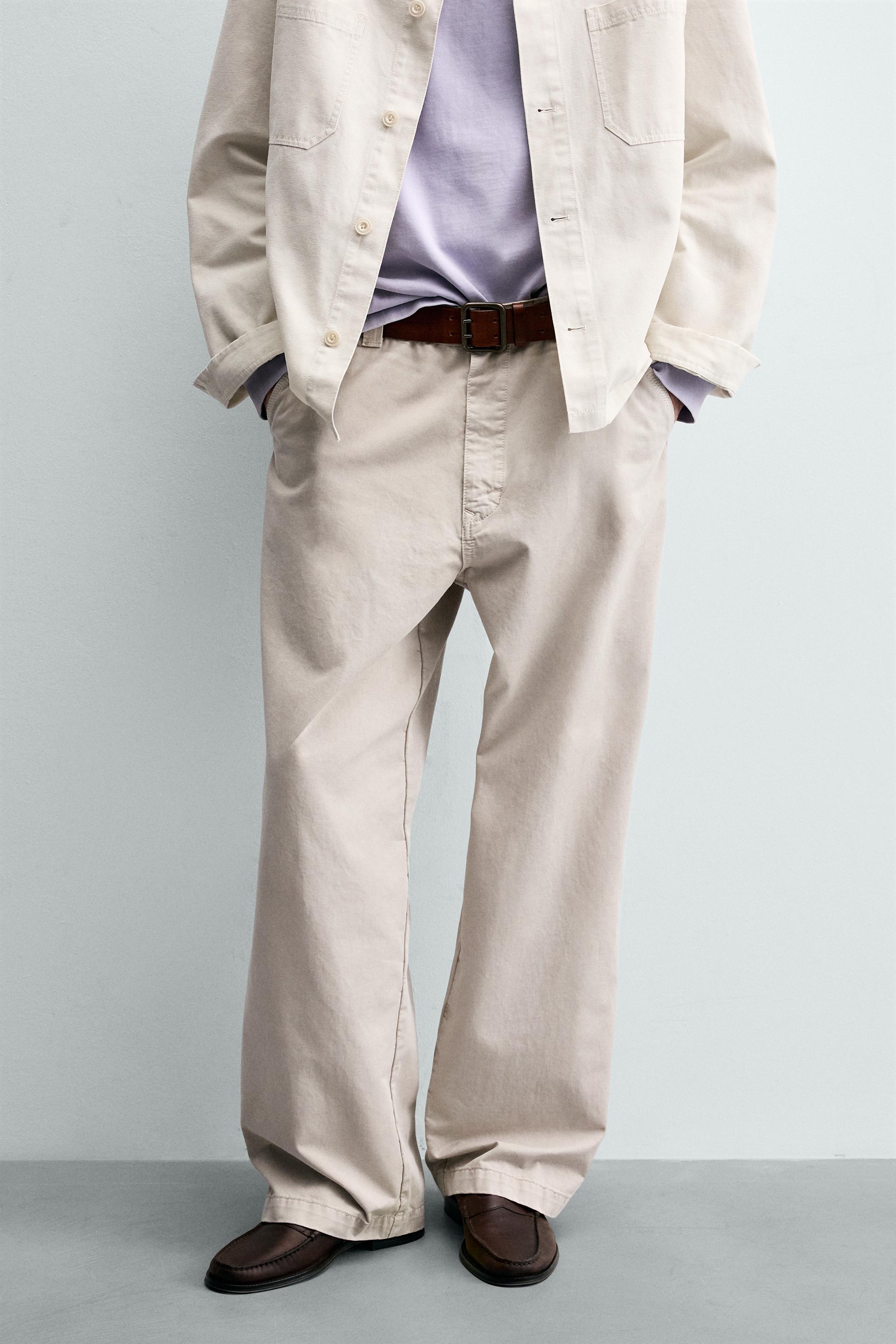 VINTAGE WASH EFFECT STRAIGHT FIT CHINO PANTS — Light beige