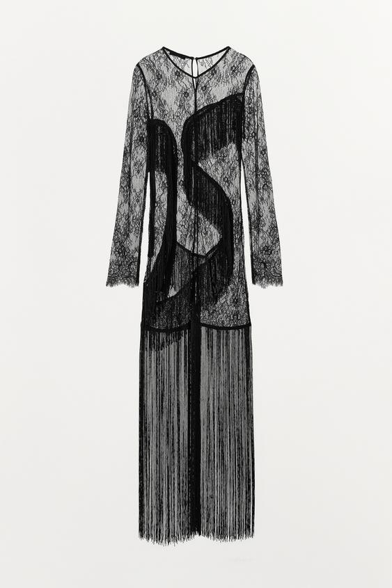 FRINGED LACE DRESS - Black