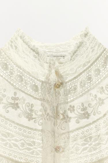EMBROIDERED LACE PLEATED BLOUSE - Oyster-white by Zara - Image 5