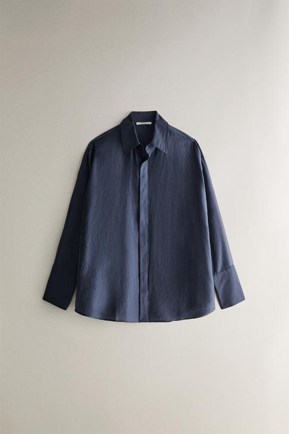 Zara SHEER OVERSIZED SHIRT - Mid-blue - Image 0