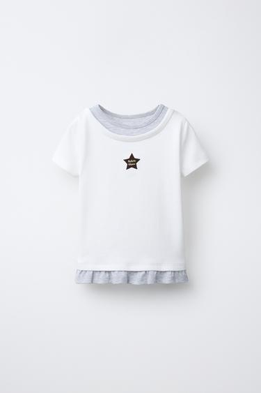 T-SHIRT MET DUBBELE KRAAG EN GEBORDUURDE STER - Wit van Zara - Afbeelding 0