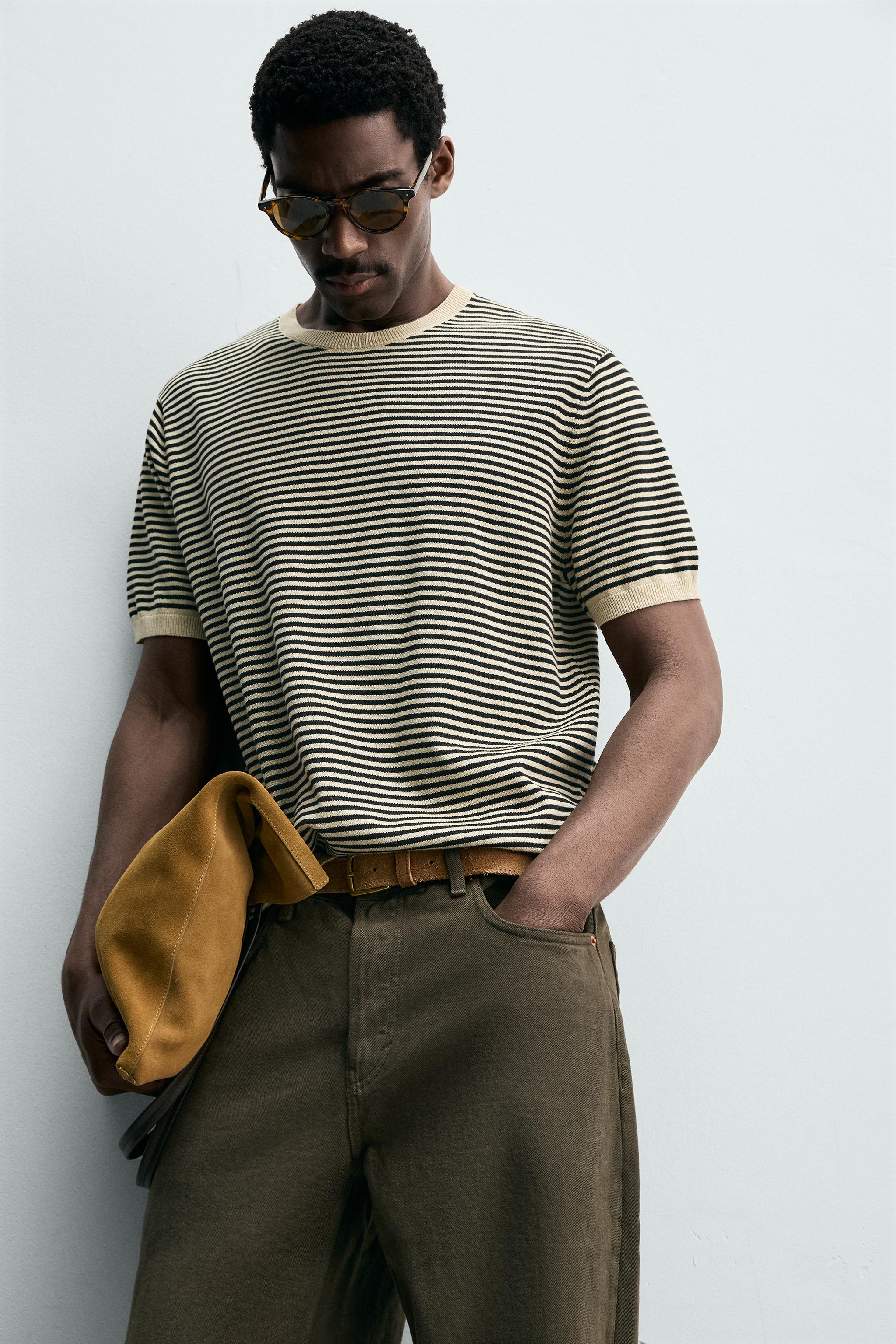 STRIPED COTTON LINEN KNIT T-SHIRT