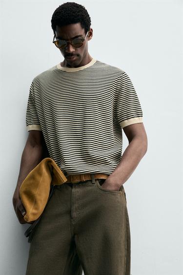 T-SHIRT EN POINT DE COTON ET LIN À RAYURES - Écru / Noir de Zara - Image 5