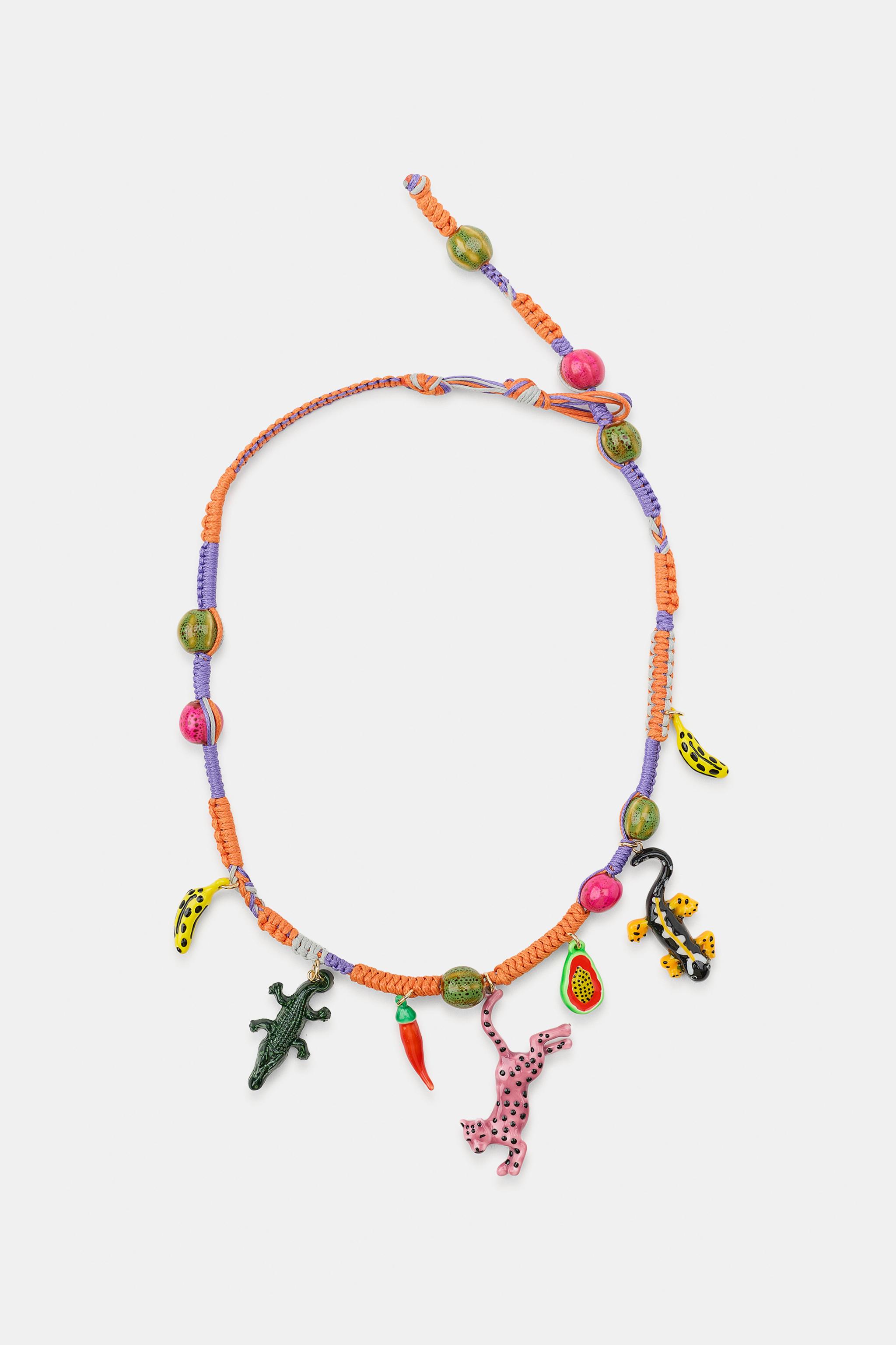 CORD NECKLACE WITH CROCODILE CHARMS — Multicoloured