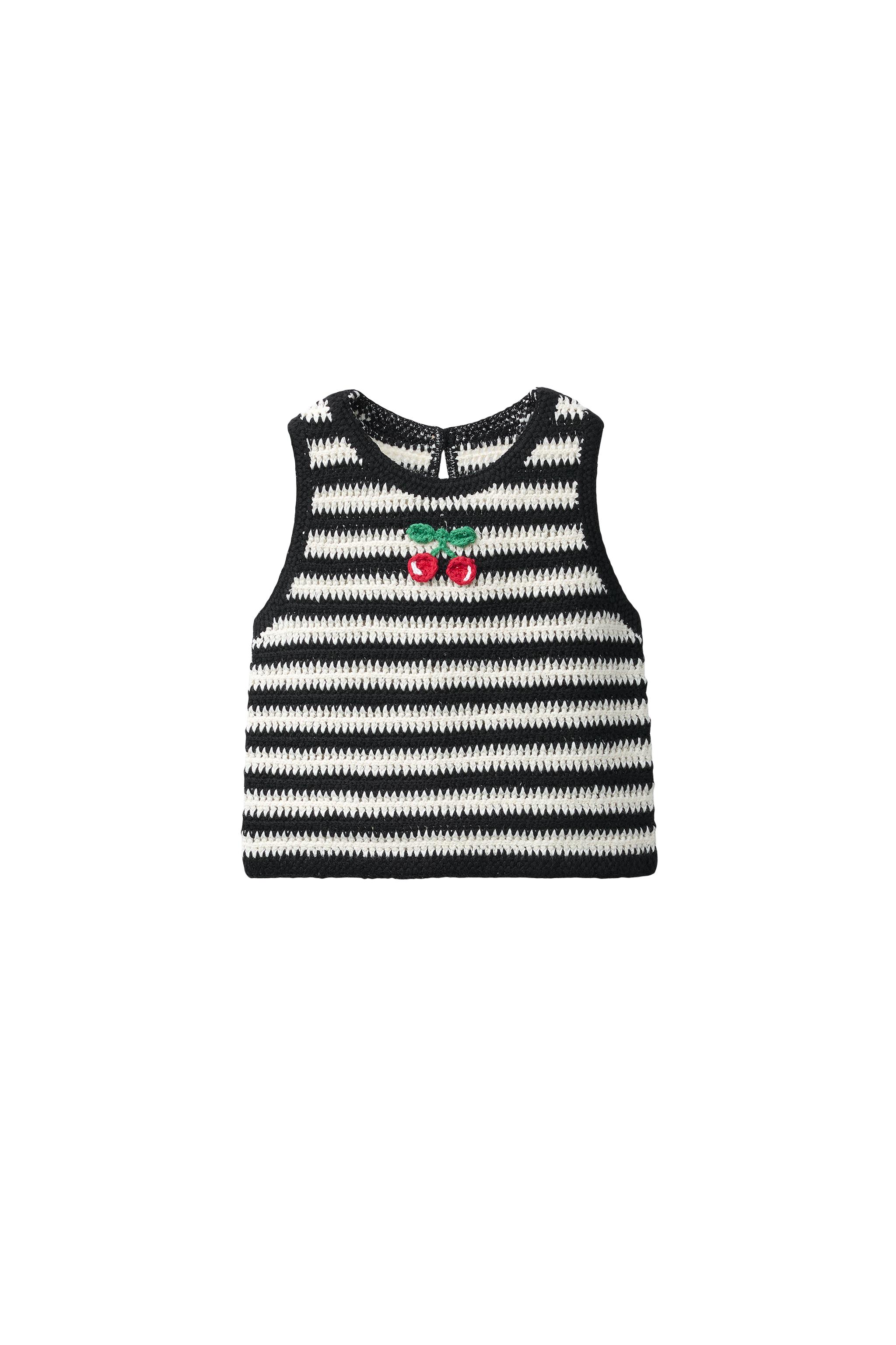 CROCHET KNIT STRIPED TOP WITH CHERRY EMBROIDERY - Ecru / Black