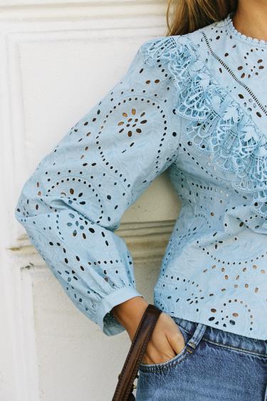 CHEMISE BRODERIES PERFORÉES - Bleu pastel de Zara - Image 1