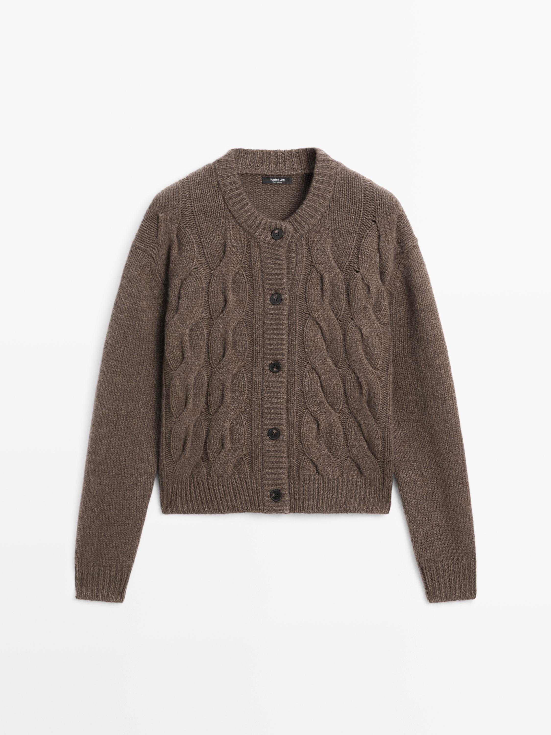 Wool blend cable-knit cardigan