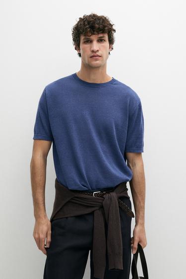 Zara Lightweight 100% linen knit T-shirt - Cornflower blue
