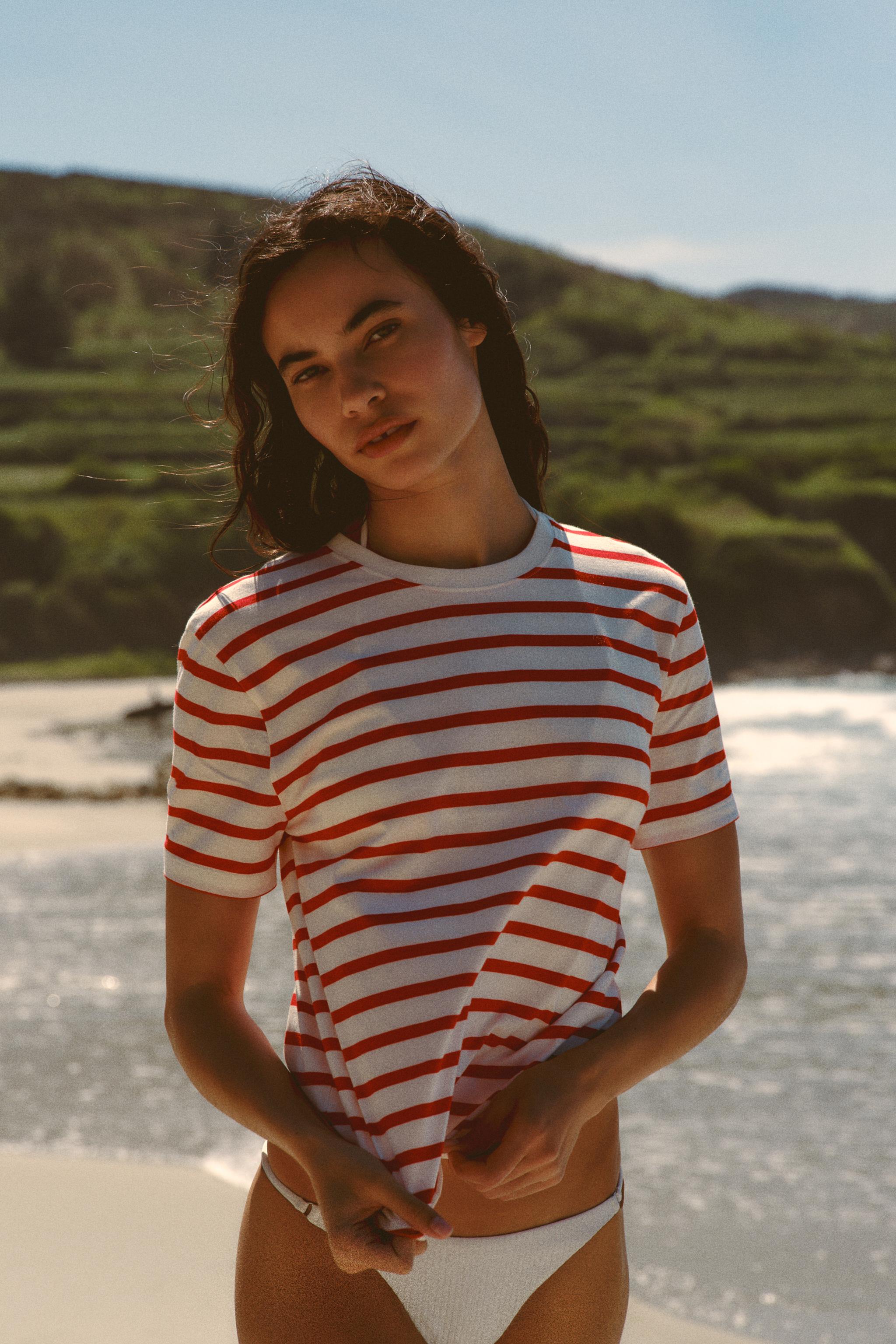 Zara Basic Cotton T Shirt Red Stripe Women