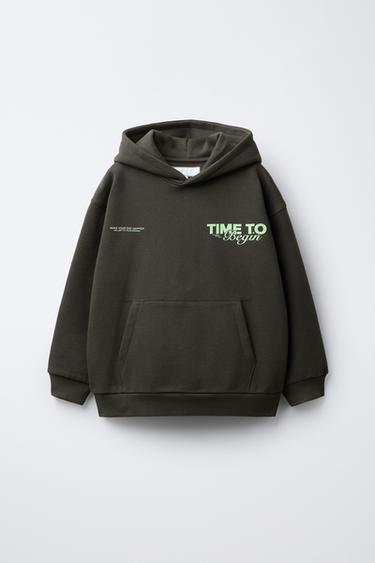 RAISED SLOGAN PRINT HOODIE - DARK KHAKI by Zara