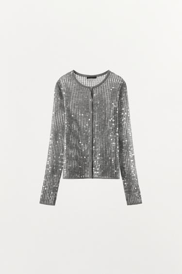Zara SEQUIN KNIT CARDIGAN - Gray marl