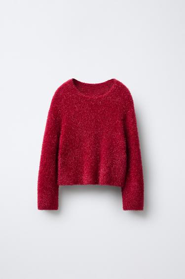 PULL EN MAILLE EFFET FOURRURE PAILLETTES - Rouge de Zara