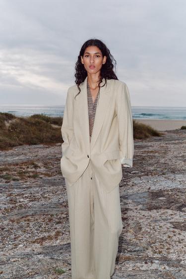 Zara LINEN BLAZER WITH PRINTED CUFFS - Light beige - Image 0